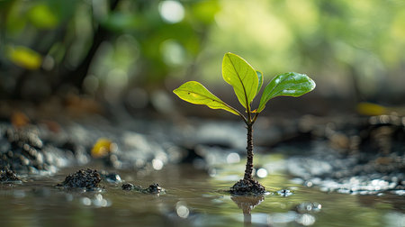 A close-up of a mangrove seed germinating.の素材