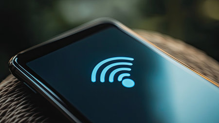 A close-up of a smartphone screen showing a strong Wi-Fi signal.の素材