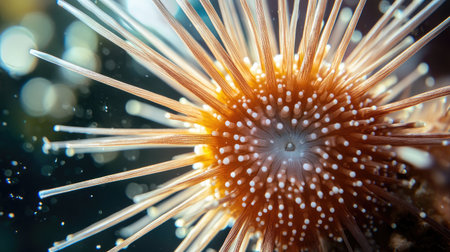 A close-up of a sea urchin with long spines.の素材