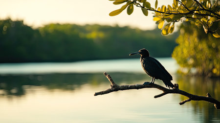 A bird perched on a mangrove branch, overlooking the water.の素材