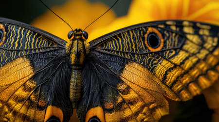 A close-up of a butterfly with its wings spread wide, showing intricate patterns.の素材