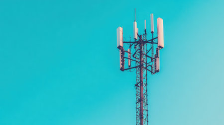 A cell phone tower with multiple antennas against a clear blue sky.の素材