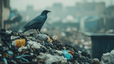 A bird perched on a pile of trash, searching for food.の素材
