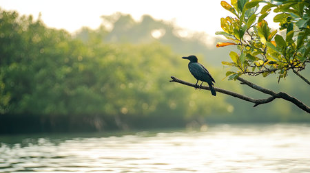 A bird perched on a mangrove branch, overlooking the water.の素材