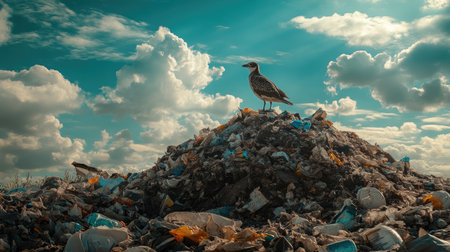 A bird perched on a pile of trash, searching for food.の素材