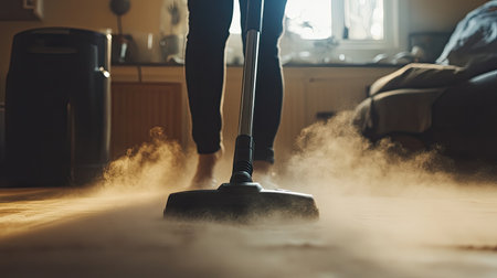 A person using a vacuum cleaner to clean up dust.の素材