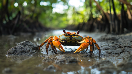 A crab crawling through the mudflats in a mangrove forest.の素材