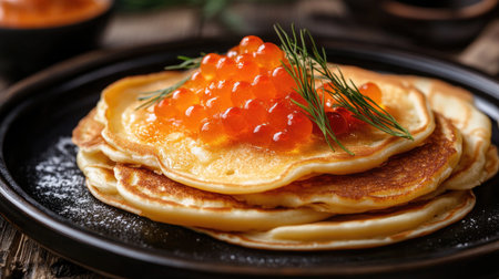A delicious plate of Russian blini, pancakes with toppings.の素材