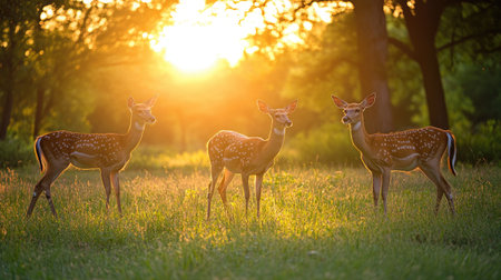 A group of deer grazing in a meadow, bathed in the warm glow of the setting sun.の素材