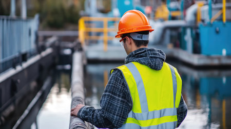 A person wearing a hard hat and safety vest inspecting a wastewater treatment plant.の素材