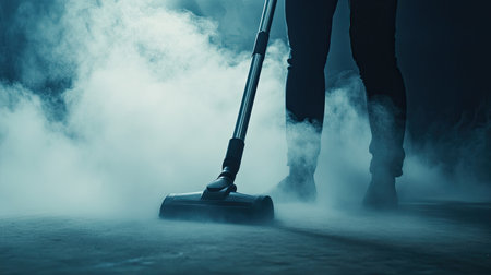 A person using a vacuum cleaner to clean up dust.の素材