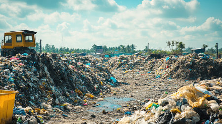 A landfill filled with mountains of garbage.の素材