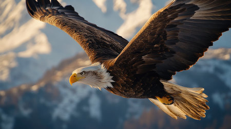 A majestic bald eagle soaring through the sky, its sharp eyes scanning the ground below.の素材