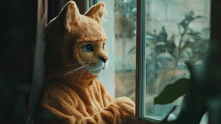 A person wearing a cat costume, looking out a window.の素材