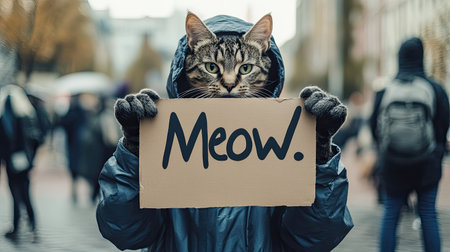 A person wearing a cat costume, holding a sign that says "Meow."の素材