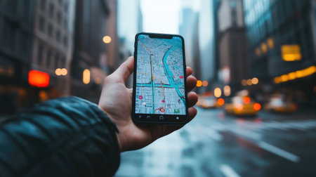 A person using a smartphone to navigate a city.の素材