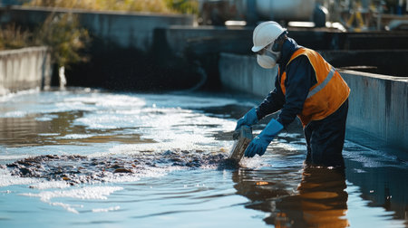 A person wearing a mask and gloves cleaning up a wastewater spill.の素材
