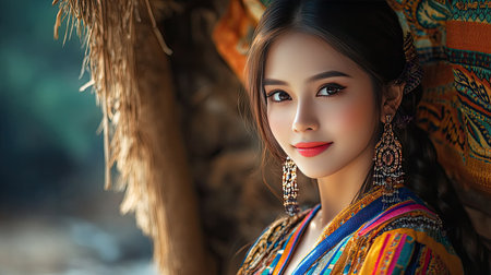 A beautiful Thai woman in a colorful dress.の素材