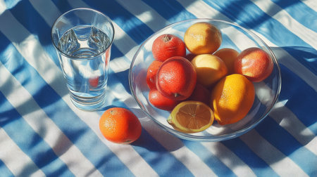 A blue and white striped tablecloth with a bowl of fruit and a glass of water.の素材