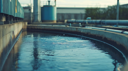 A sewage treatment plant with pipes and tanks.の素材