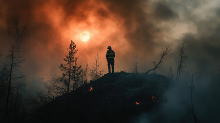 A firefighter standing on a ridge, surveying the damage caused by a forest fireの素材