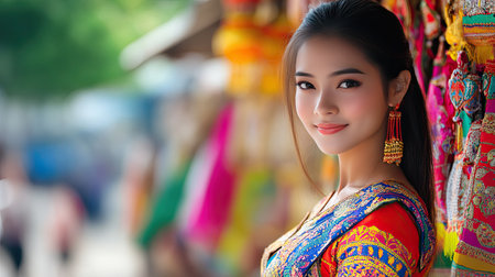 A beautiful Thai woman in a colorful dress.の素材