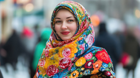 A person wearing a traditional Russian nesting doll costume.の素材