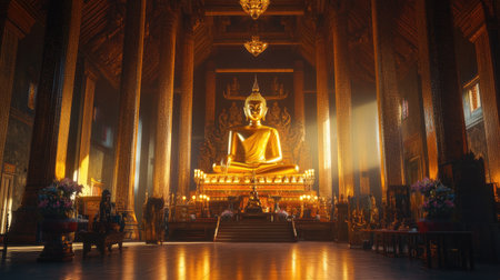 A beautiful Thai temple with a golden Buddha.の素材