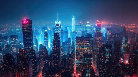 A city skyline at night, illuminated by countless lights.の素材