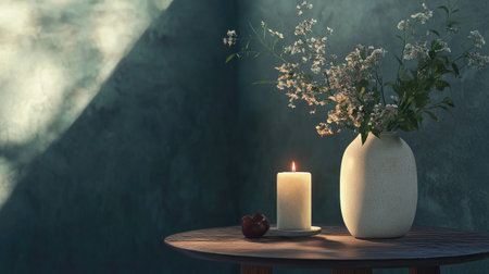 A ceramic table with a vase of flowers and a candle.の素材