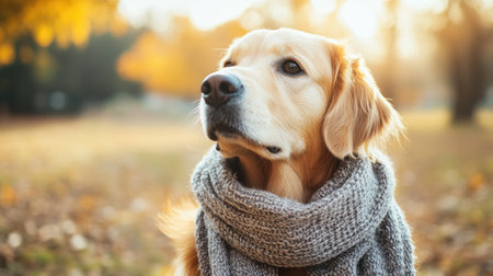 A golden retriever dog wearing a scarfの素材