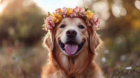 A golden retriever dog wearing a flower crownの素材