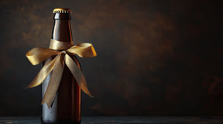 A gold ribbon tied around a bottle of beerの素材