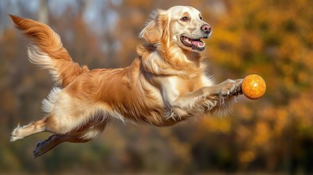 A golden retriever dog jumping for a ballの素材