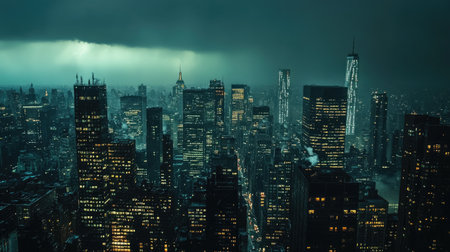 A cityscape at night, with a thunderstorm brewing in the distance.の素材