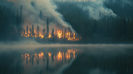 A forest fire burning near a lake, with smoke reflecting in the water.の素材