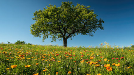 A lone tree standing tall in a field of wildflowers, with a clear blue sky above.の素材