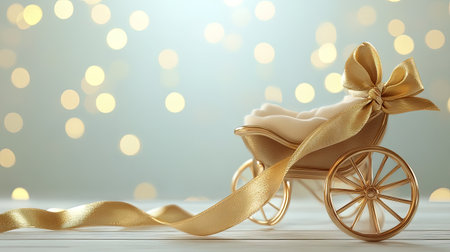 A gold ribbon tied around a baby carriageの素材