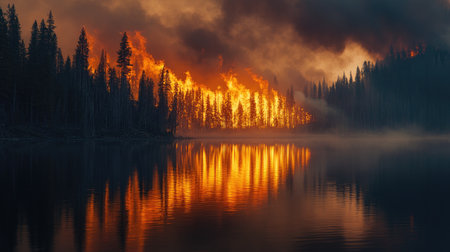 A forest fire burning near a lake, with smoke reflecting in the water.の素材