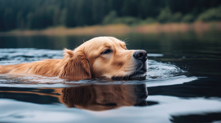 A golden retriever dog swimming in a lakeの素材