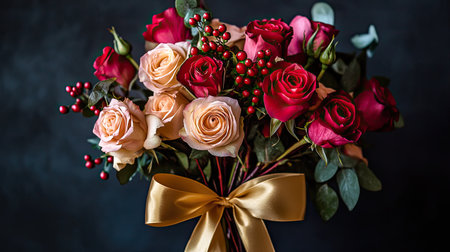 A gold ribbon tied around a bouquet of rosesの素材