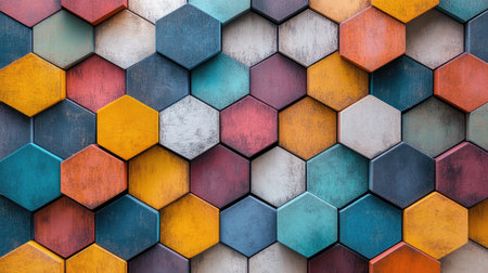 A geometric pattern of hexagons in different colors and orientations.の素材