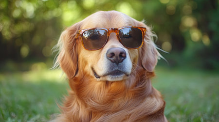 A golden retriever dog wearing a pair of sunglassesの素材