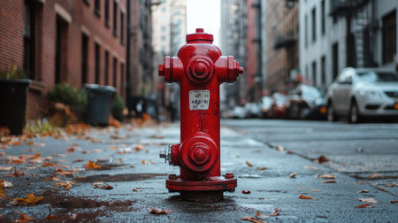 A red fire hydrant on a city streetの素材