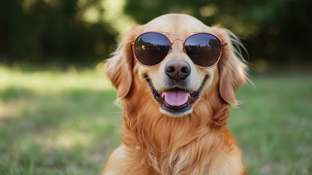 A golden retriever dog wearing a pair of sunglassesの素材