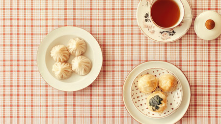 A herringbone tablecloth with a plate of dim sum and a cup of tea.の素材