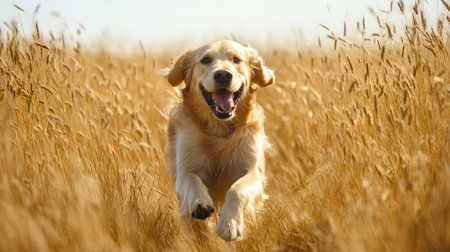 A golden retriever dog running through a field of tall grassの素材