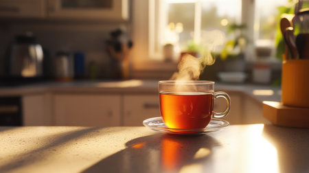 A steaming cup of tea on a kitchen counterの素材