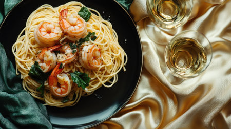 A silk tablecloth with a plate of shrimp scampi and pasta.の素材