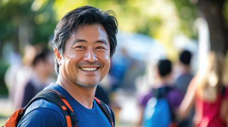 A kind-hearted Asian man with a compassionate smile, volunteering at a charity event.の素材